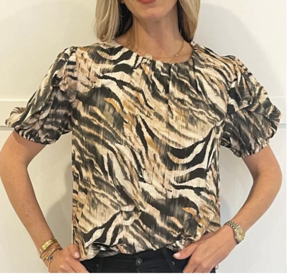 Willa Story Kayla Zebra Print Puff Sleeve Ruched Blouse Animal Print Womens Lg